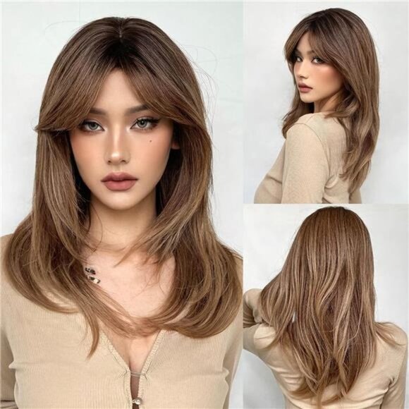 Wigs for Women Layered Synthetic Hair Wig with Highlight - Dark brown to brown